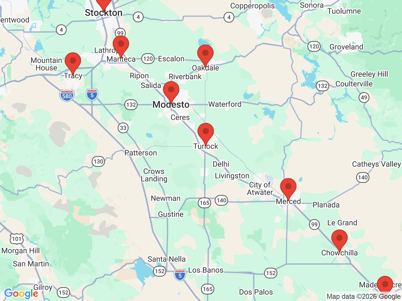 Map of service areas around Turlock, CA